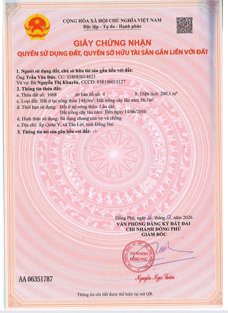 Đất mặt tiền đường xuyên tâm Tân Hưng – Tân Lập, Đồng Phú